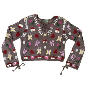 Letarte Hand Made Womens Beaded Embellished Top M/L Peace Love Boho Artsy